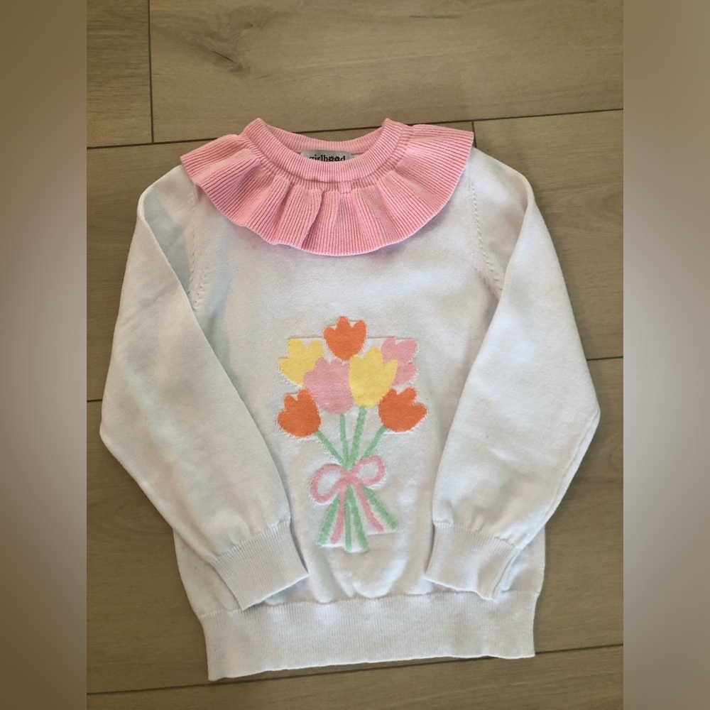 Girlhood White Tulip Sweater with Pink Ruffle Collar